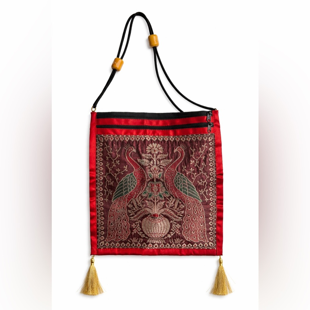 Vintage Tapestry Peacock Crossbody Bag Red Satin Trim Gold Tassels Boho